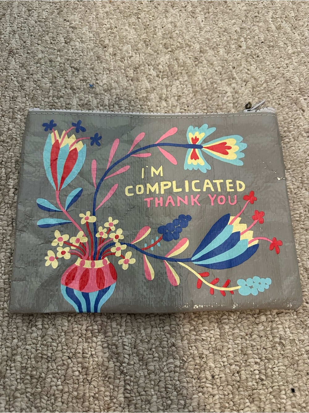 Blue Q Gray Floral Zip Pouch – "I'm Complicated"